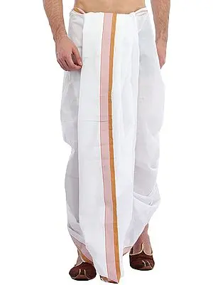 White Dhoti and Angavastram Set with Doe Brown Woven Border
