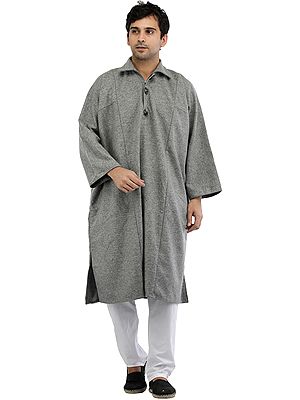 Ash-Gray Pure Wool Phiran from Kashmir with Front Zipper and Buttons