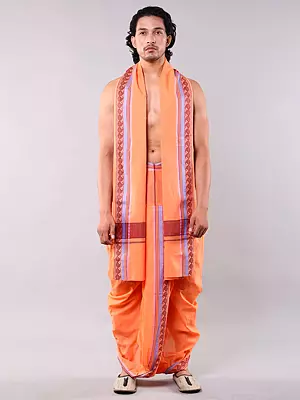 Ready to Wear Dhoti and Angavastram Set with Woven Peacocks and Motifs on Border