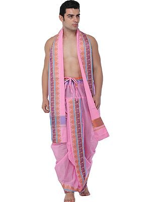 Ready to Wear Dhoti and Angavastram Set with Woven Peacocks and Motifs on Border