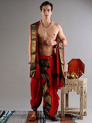 Flames-Scarlet Dhoti and Angavastram Set with Woven Bird and Animal Design (Ready to Wear Dhoti)