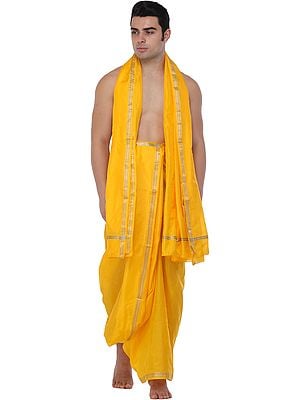 Traditional Dhoti and Angavastram set for Puja with Golden Thread Weave