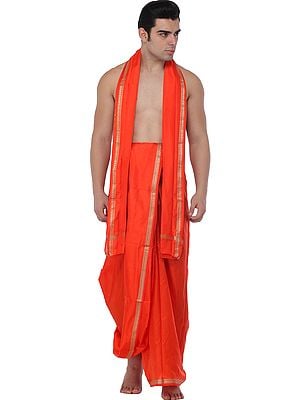 Traditional Dhoti and Angavastram set for Puja with Golden Thread Weave