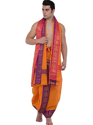 Sun-Orange Ready to Wear Dhoti and Angavastram Set with Zari Woven Peacocks and Bootis