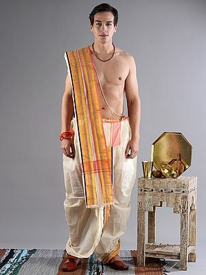 Dhoti and Angavastram Set with Woven Bootis on Border in Multicolor Thread (Ready to Wear Dhoti)