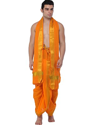Ready to Wear Dhoti and Veshti Set from Kerala with Zari Woven Golden Border