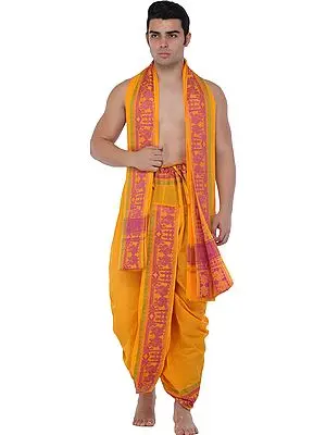 Radiant-Yellow Ready to Wear Dhoti and Angavastram Set with Woven Peacocks and Bootis