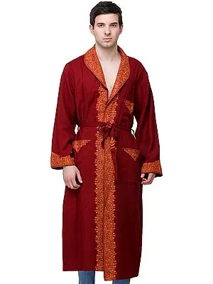 Deep-Claret Kashmiri Robe with Aari Embroidered Paiselys and Florals