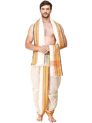 Ready to Wear Dhoti and Angavastram Set with Woven Golden Border