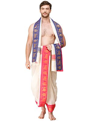 Vrindawan Dhoti and Angavastram Set with Woven Golden Zari Border