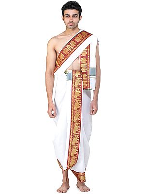 Vrindawan Dhoti and Angavastram Set with Woven Golden Zari Border