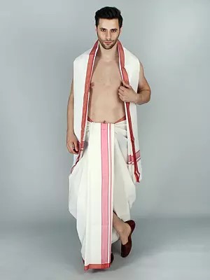 Plain Dhoti and Angavastram Set with Multicolored Thread Woven Border