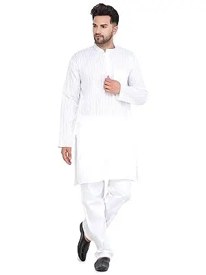 Star-White Kurta with Woven Stripes and Long Sleeves from ISCKON Vrindavan by BLISS