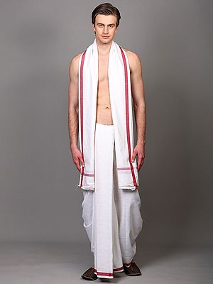 Plain Dhoti and Angavastram Set with Striped Border from ISKCON Vrindavan by BLISS