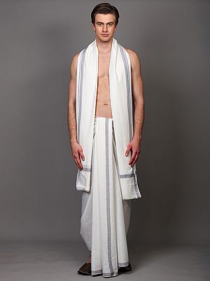 Plain Dhoti and Angavastram Set with Striped Border from ISKCON Vrindavan by BLISS