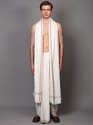 Plain Dhoti and Angavastram Set with Striped Border from ISKCON Vrindavan by BLISS