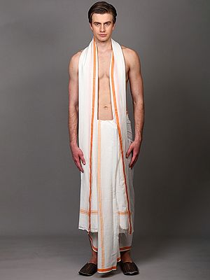 Plain Dhoti and Angavastram Set with Striped Border from ISKCON Vrindavan by BLISS