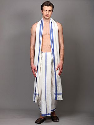 Plain Dhoti and Angavastram Set with Striped Border from ISKCON Vrindavan by BLISS
