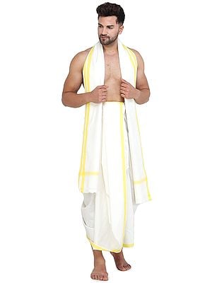 Plain Dhoti and Angavastram Set with Striped Border from ISKCON Vrindavan by BLISS