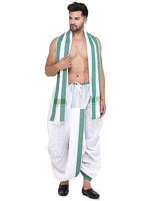 Ready to Wear Dhoti and Angavastram Set with Wide Striped Border from ISCKON Vrindavan by BLISS