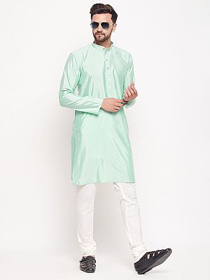 Silk Blend Quatrefoil Pattern Kurta With Cotton Blend Churidar Cream Pajama