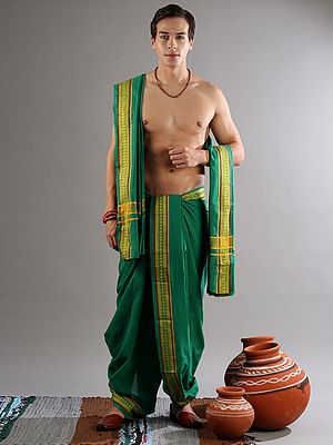 Dhoti and Veshti Set Pure Cotton Drape Style With Hexagon Combination Pattern Woven Border