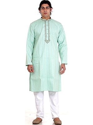 Tea-Green Brocaded Kurta Set with Golden Thread Weave and Embroidery on Button Palette