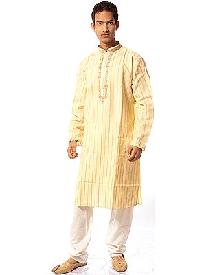 Vanilla-Colored Kurta Pajama with All-Over Weave and Floral Embroidery on Collar