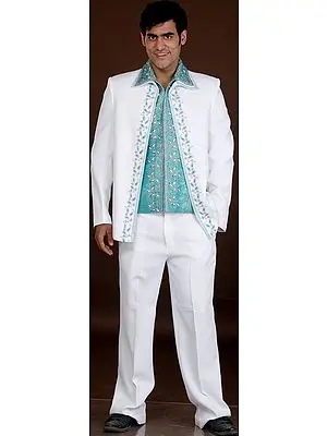 White and Turquoise Jodhpuri Three Piece Suit with Brocaded Inner Jacket