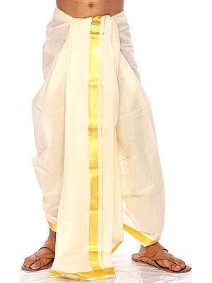 Off-White Kasavu Dhoti from Kerala with Wide Golden Woven Border