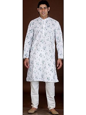 White Kurta Pajama with Floral Print and All-Over Thread Work