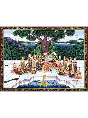 Radha-Krishna with Each Gopi Playing a Different Musical Instrument