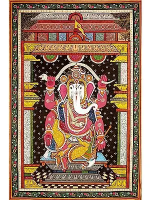 Chaturbhuja Ganesha with White Head Dancing with a Serpent Stretched Over His Head