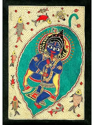 Baby Krishna Suckling His Toe on Pipal Leaf Floating in the Cosmic Ocean