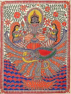 Lord Vishnu Seated on Garuda with Bhudevi and Sridevi