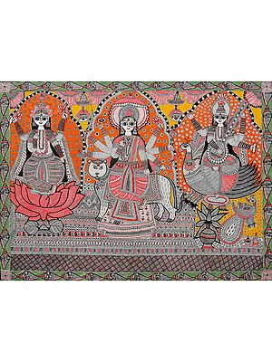 A Great Triad of Lakshmi, Durga and Saraswati with the Border of Conches