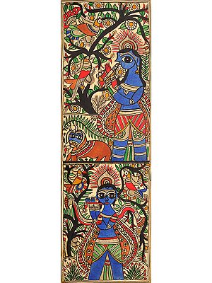 Twin Krishna with His Cow and Peacocks