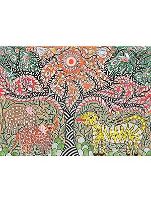 Tree of Life with Elephant Pair Tiger and Peacock