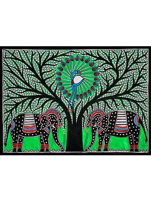 Dancing Peacock on Tree of Life with Elephant Pair