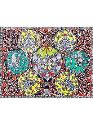 Auspicious Madhubani of Tree of Life with Peacocks and Fishes
