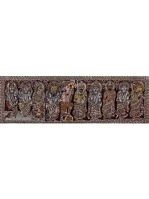 Dashavatara - Ten Incarnations of Lord Vishnu (From Left - Matshya, Kurma, Varaha, Narasimha, Vaman, Parashurama, Rama, Balarama, Krishna and Kalki)