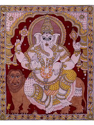 Chaturbhuja Ganesha Seated on Lion