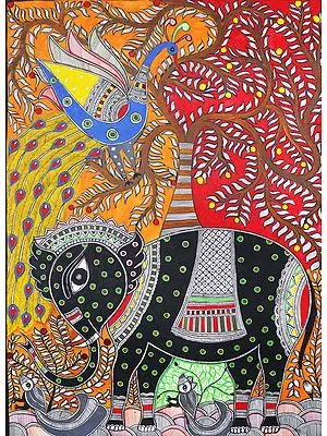 Elephant and Peacock with Tree of Life
