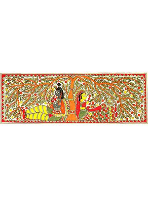 Krishna Plays His Flute While Radha Sita Mesmerized