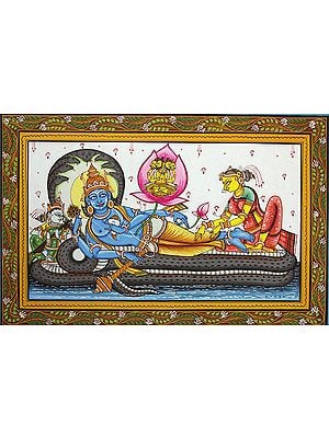 Lord Vishnu with Lakshmi and Saraswati on Sheshnag and Brahma on Lotus