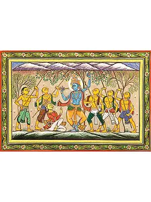 Krishna lifts Mount Gobardhan