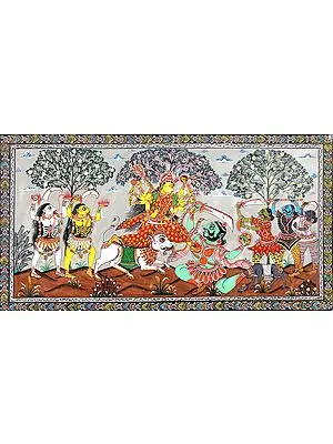 Goddess Durga Pattachitra Painting | Watercolor Paint on Tussar Silk