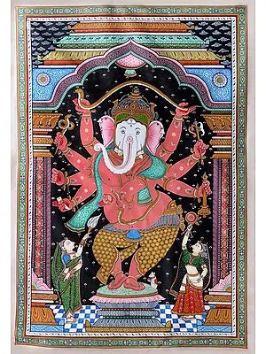 Super Fine Painting of Lord Ganesha Stretching Serpent Making Canopy