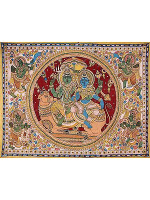 Shiva Parvati on Nandi with Kinnaras and Gandharvas