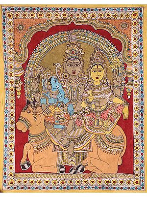 Shiva Parvati Seated on Nandi with Baby Ganesha